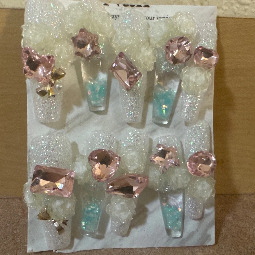 Water Nail Pink 3D Rhinestone Coffin Press On‎ Nails Glitter Iridescent 10pc Set